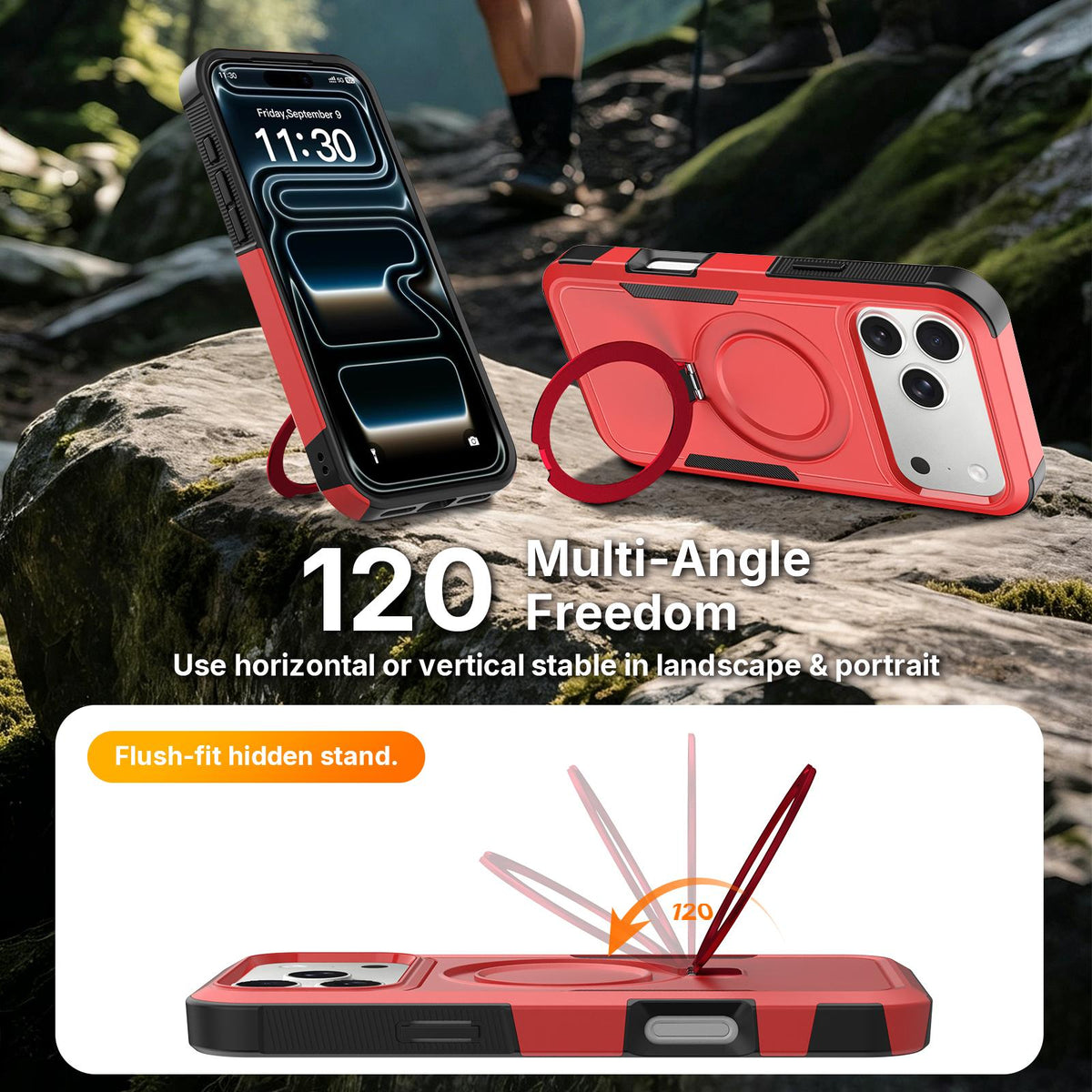 For iPhone 18 Pro Shockproof Protective TPU Hybrid PC Ring Holder Magnetic Phone Case - Red - EDA010210801E