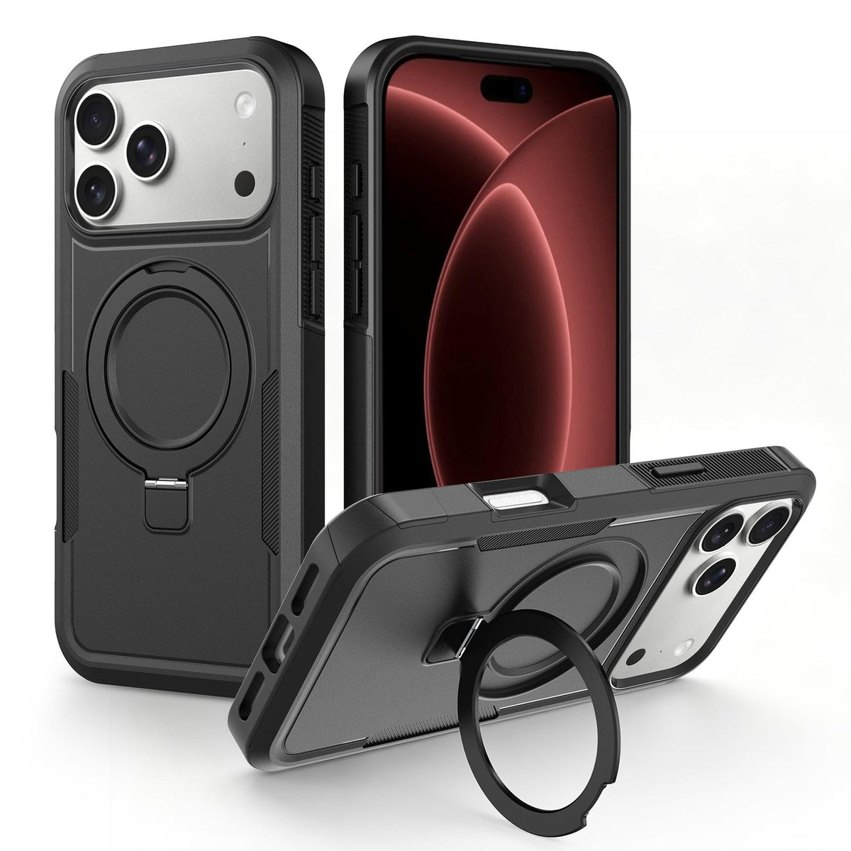 For iPhone 18 Pro Shockproof Protective TPU Hybrid PC Ring Holder Magnetic Phone Case - Black - EDA010210801H