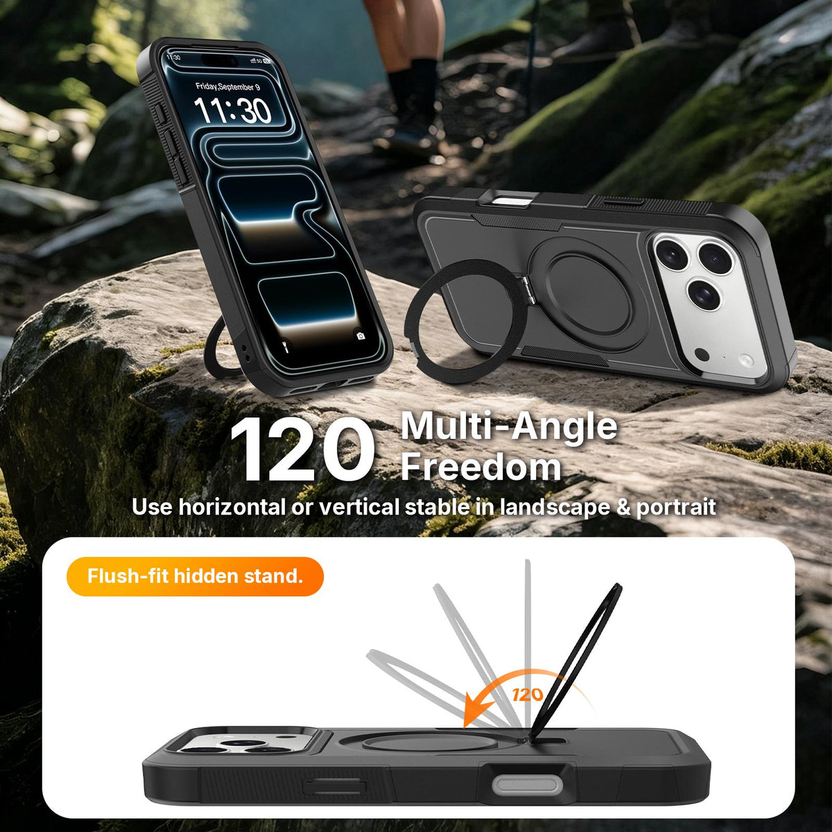 For iPhone 18 Pro Shockproof Protective TPU Hybrid PC Ring Holder Magnetic Phone Case - Black - EDA010210801H