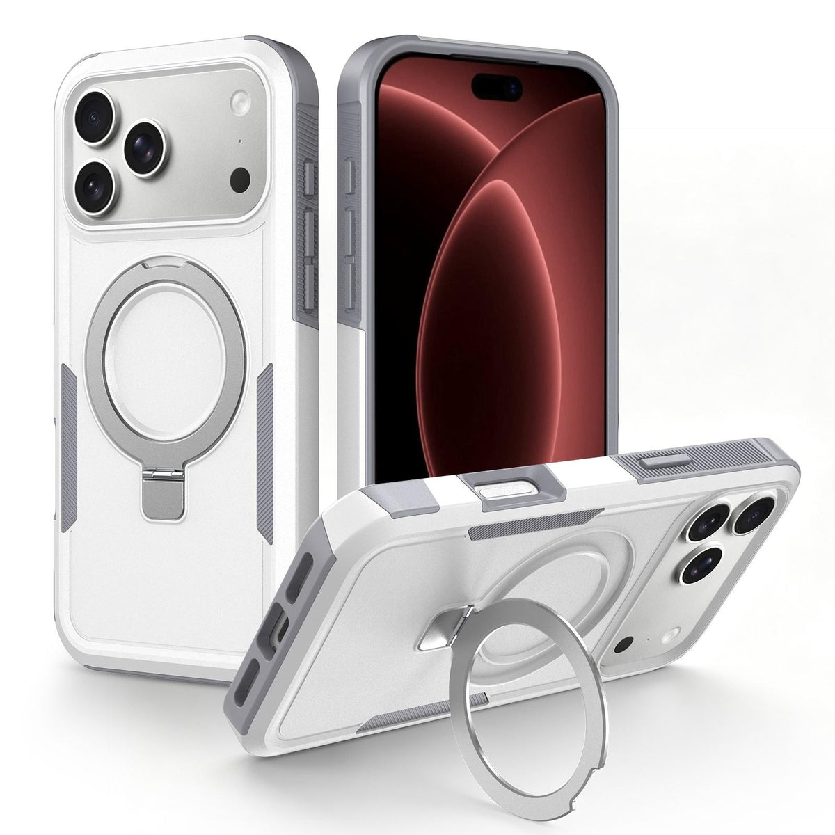 For iPhone 18 Pro Max Shockproof Protective TPU Hybrid PC Ring Holder Magnetic Phone Case - White - EDA010210802B