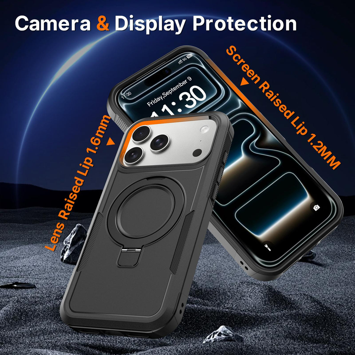 For iPhone 18 Pro Max Shockproof Protective TPU Hybrid PC Ring Holder Magnetic Phone Case - Black - EDA010210802H