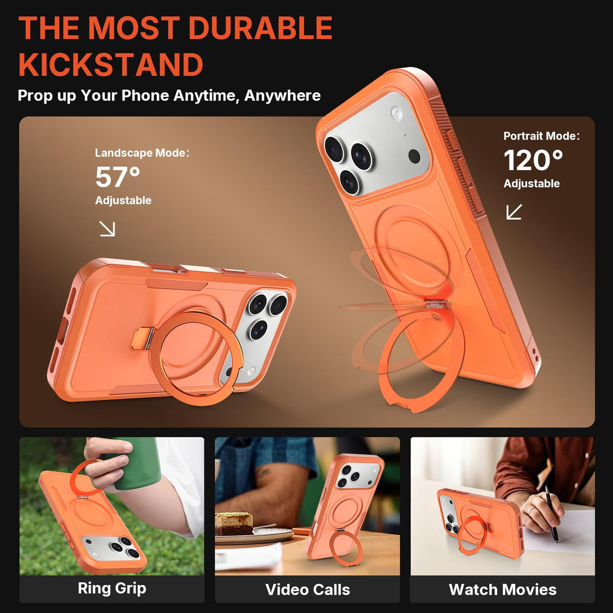 For iPhone 18 Pro Max Shockproof Protective TPU Hybrid PC Ring Holder Magnetic Phone Case - Orange - EDA010210802I
