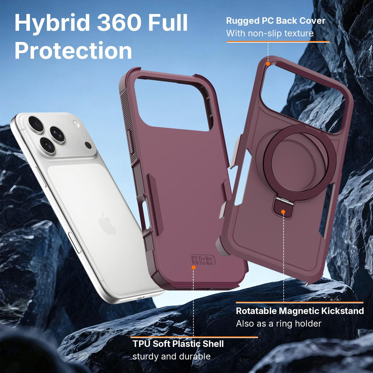 For iPhone 18 Pro Max Shockproof Protective TPU Hybrid PC Ring Holder Magnetic Phone Case - Wine Red - EDA010210802J