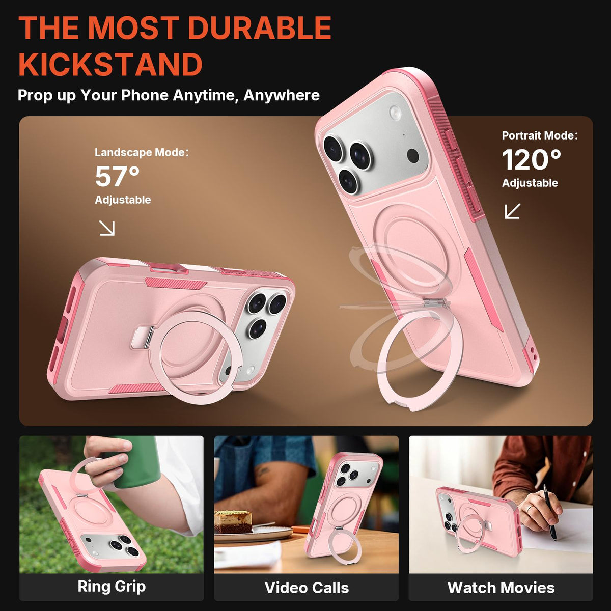 For iPhone 17 Pro Max Shockproof Protective TPU Hybrid PC Ring Holder Magnetic Phone Case - Pink - EDA010210803C