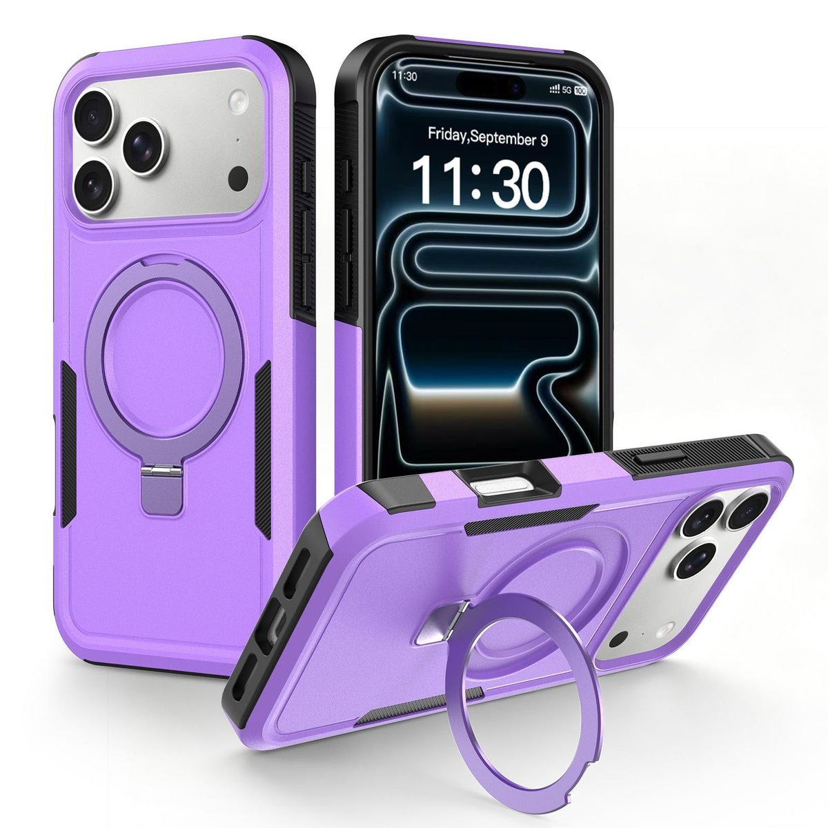 For iPhone 17 Pro Shockproof Protective TPU Hybrid PC Ring Holder Magnetic Phone Case - Purple - EDA010210804A