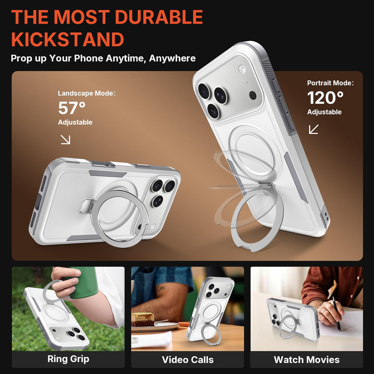 For iPhone 17 Pro Shockproof Protective TPU Hybrid PC Ring Holder Magnetic Phone Case - White - EDA010210804B
