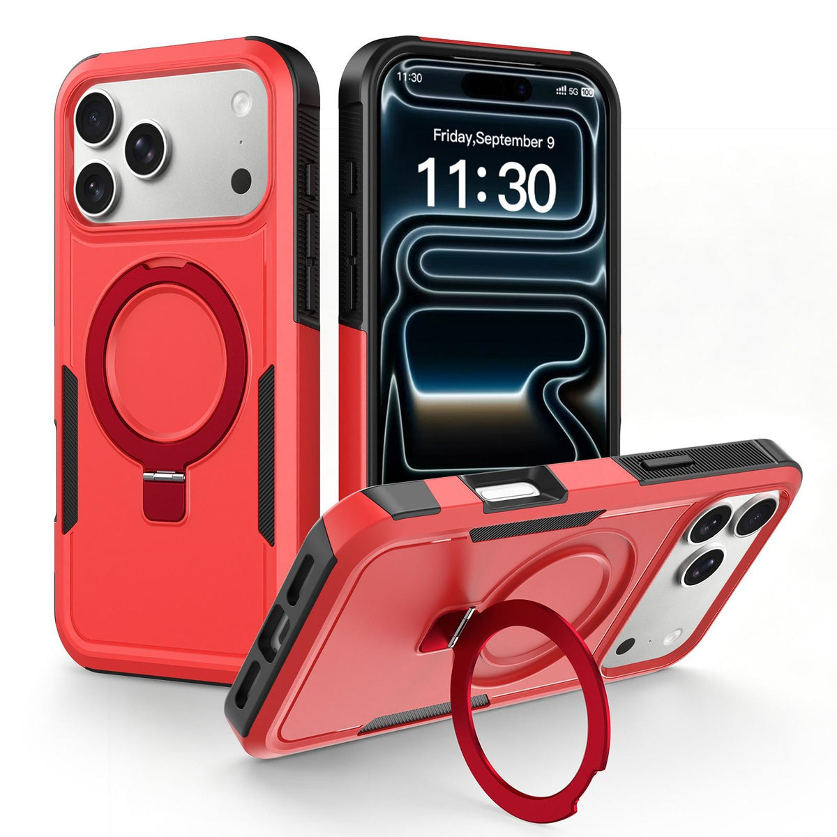 For iPhone 17 Pro Shockproof Protective TPU Hybrid PC Ring Holder Magnetic Phone Case - Red - EDA010210804E