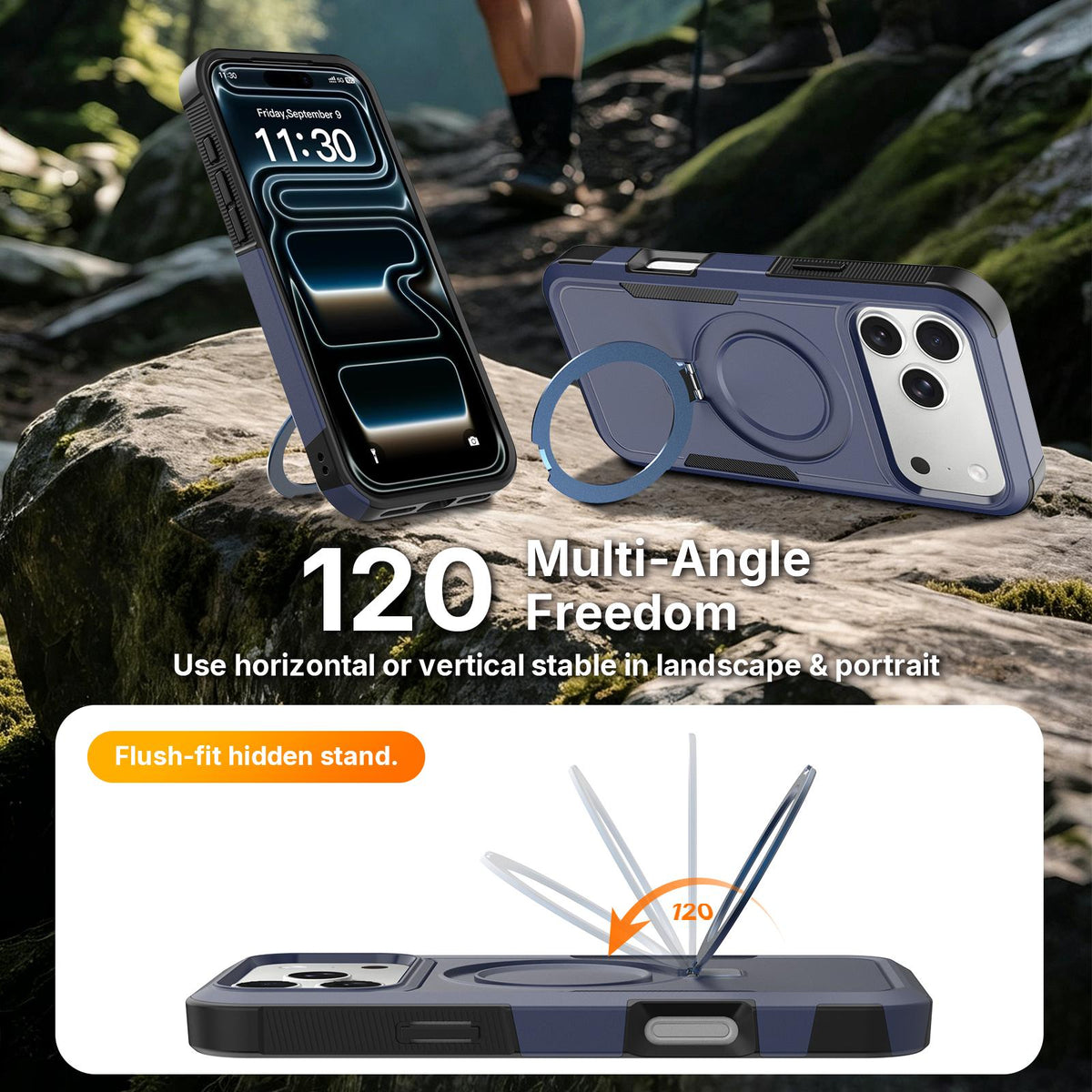 For iPhone 17 Pro Shockproof Protective TPU Hybrid PC Ring Holder Magnetic Phone Case - Blue - EDA010210804G