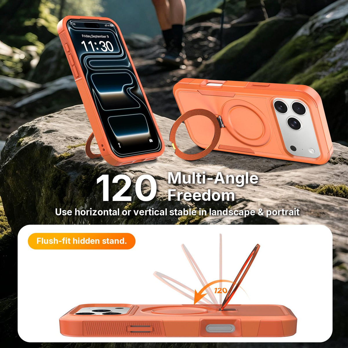 For iPhone 17 Pro Shockproof Protective TPU Hybrid PC Ring Holder Magnetic Phone Case - Orange - EDA010210804I