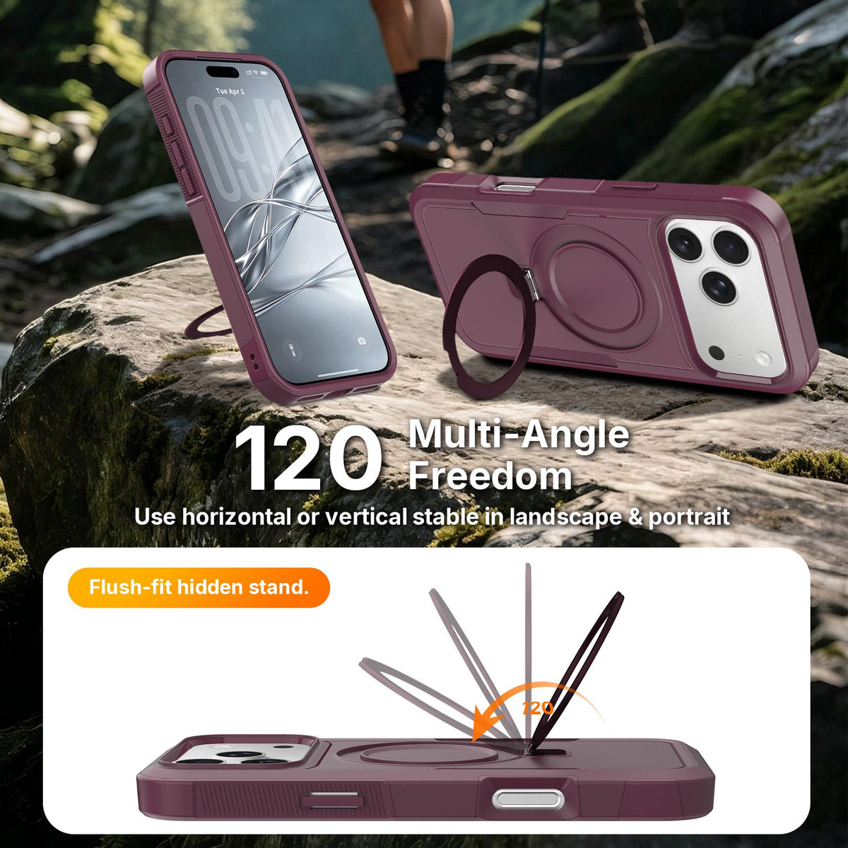 For iPhone 17 Pro Shockproof Protective TPU Hybrid PC Ring Holder Magnetic Phone Case - Wine Red - EDA010210804J
