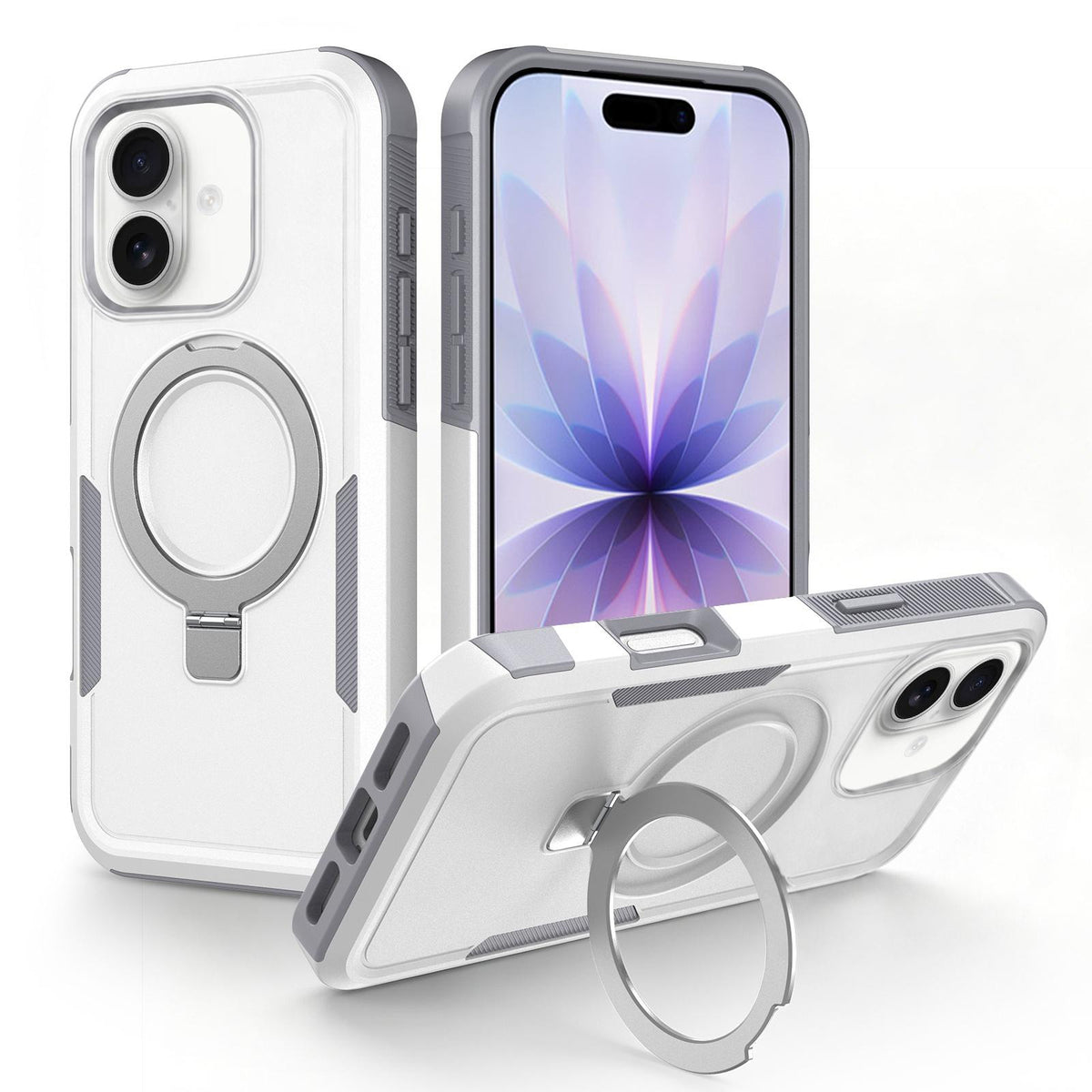 For iPhone 17 Shockproof Protective TPU Hybrid PC Ring Holder Magnetic Phone Case - White - EDA010210805B