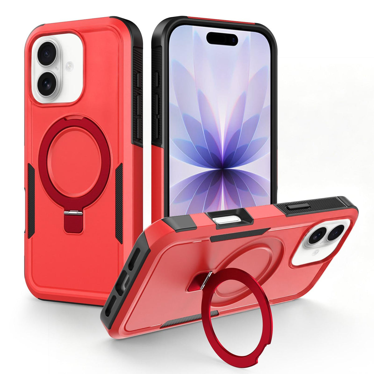 For iPhone 17 Shockproof Protective TPU Hybrid PC Ring Holder Magnetic Phone Case - Red - EDA010210805E