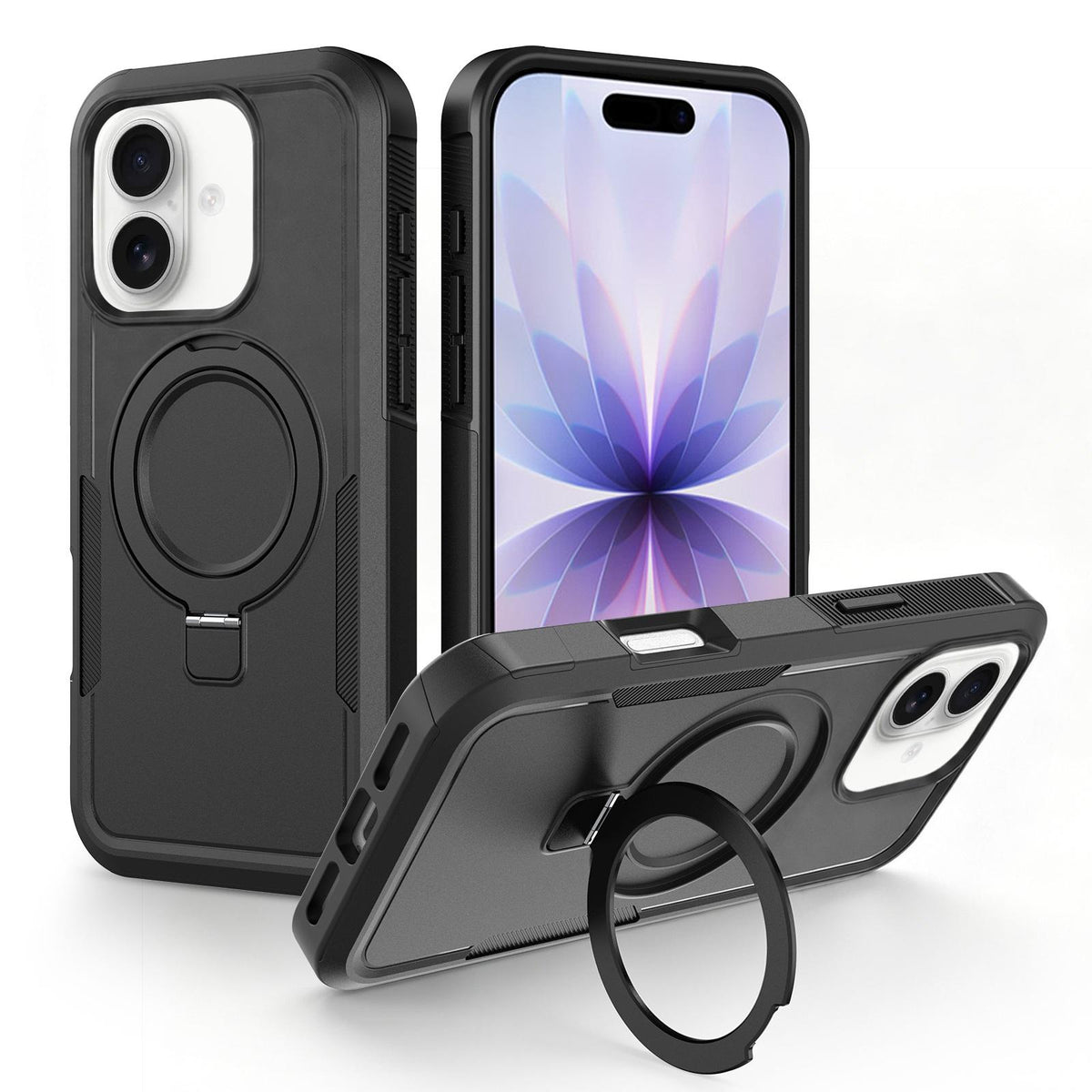 For iPhone 17 Shockproof Protective TPU Hybrid PC Ring Holder Magnetic Phone Case - Black - EDA010210805H