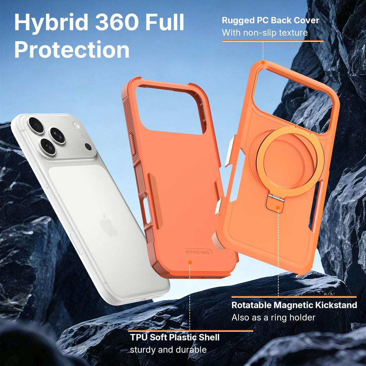 For iPhone 17 Shockproof Protective TPU Hybrid PC Ring Holder Magnetic Phone Case - Orange - EDA010210805I