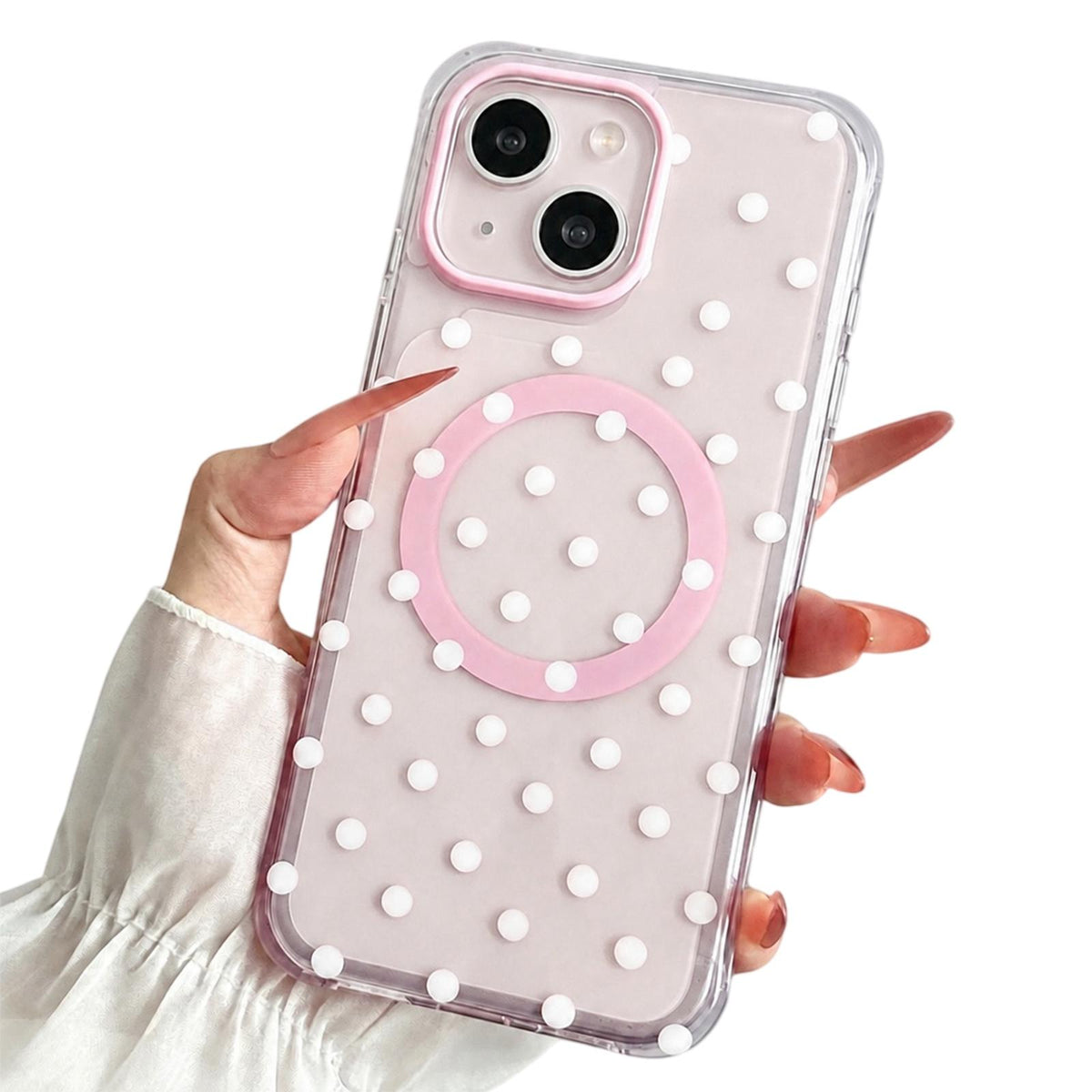 For iPhone 15 Precise Cutout Translucent IMD Dots Pattern Magnetic Phone Case - Light Pink - EDA010211401D