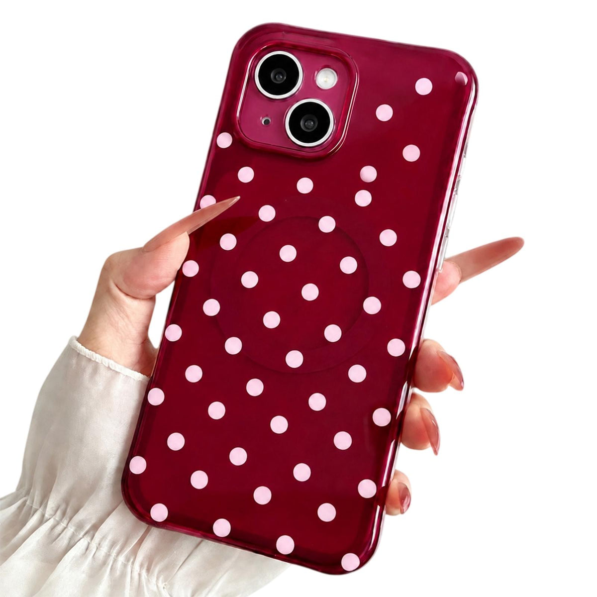 For iPhone 15 Precise Cutout Translucent IMD Dots Pattern Magnetic Phone Case - Cherry Red - EDA010211401F