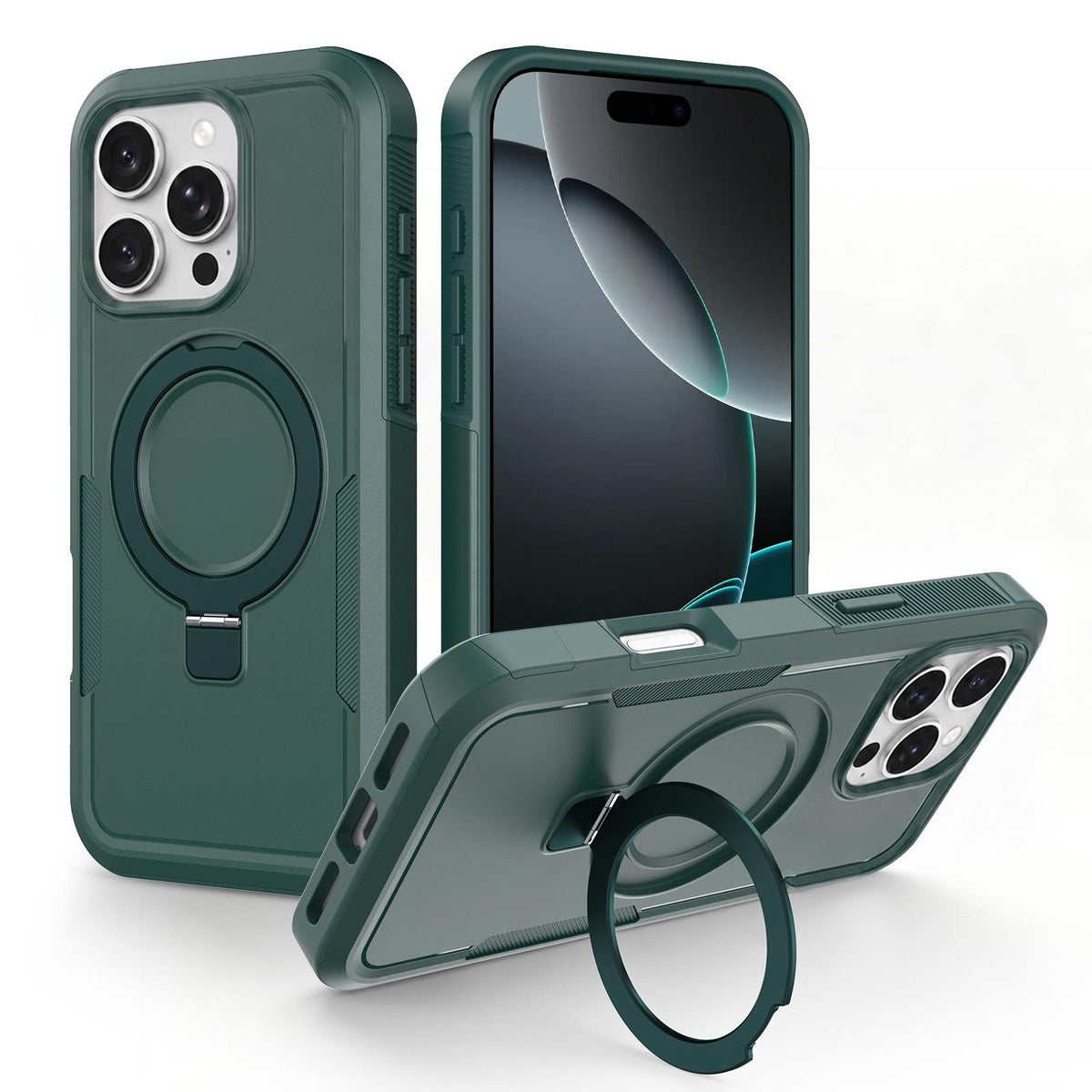 For iPhone 16 Pro Max Shockproof Protective TPU Hybrid PC Ring Holder Magnetic Phone Case - Green - EDA010211801D
