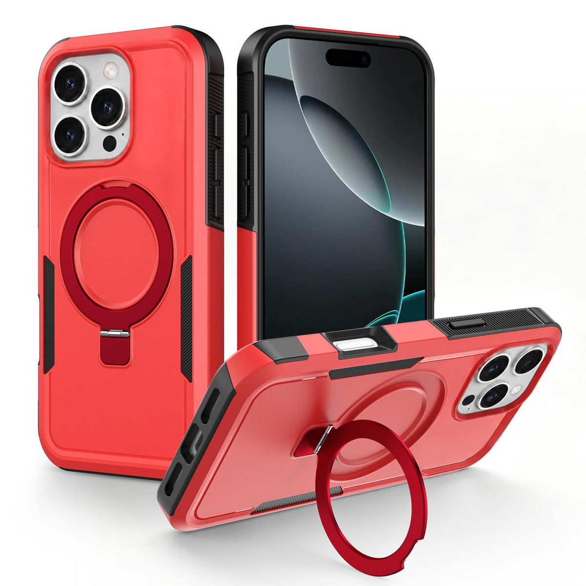 For iPhone 16 Pro Max Shockproof Protective TPU Hybrid PC Ring Holder Magnetic Phone Case - Red - EDA010211801E