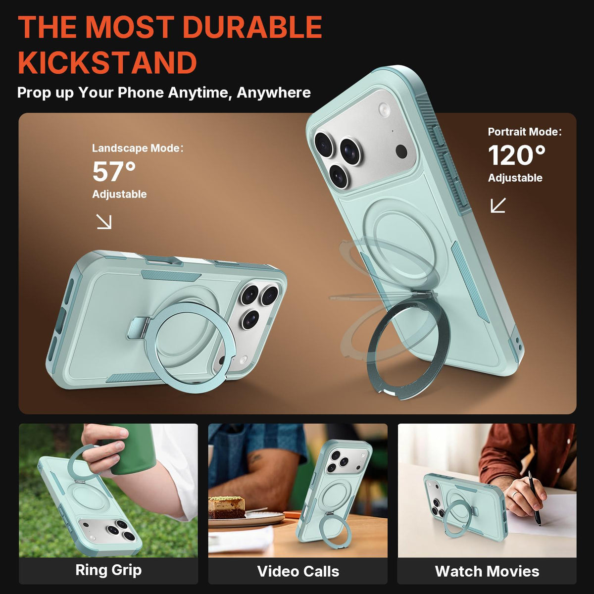 For iPhone 16 Pro Max Shockproof Protective TPU Hybrid PC Ring Holder Magnetic Phone Case - Cyan - EDA010211801F
