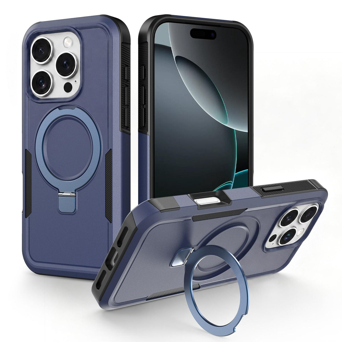 For iPhone 16 Pro Max Shockproof Protective TPU Hybrid PC Ring Holder Magnetic Phone Case - Blue - EDA010211801G