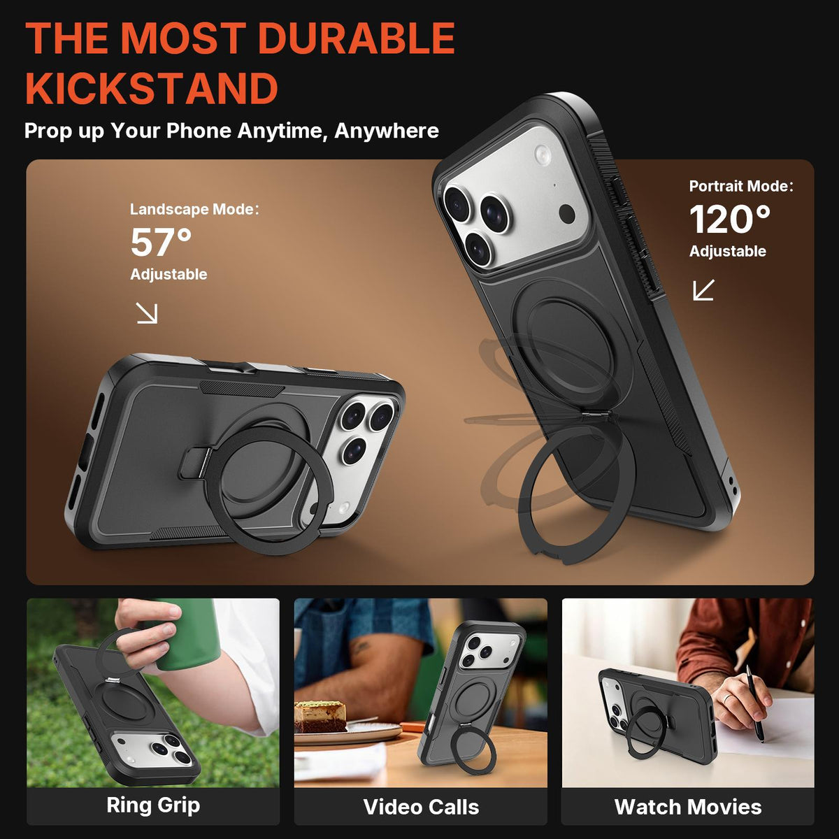 For iPhone 16 Pro Max Shockproof Protective TPU Hybrid PC Ring Holder Magnetic Phone Case - Black - EDA010211801H