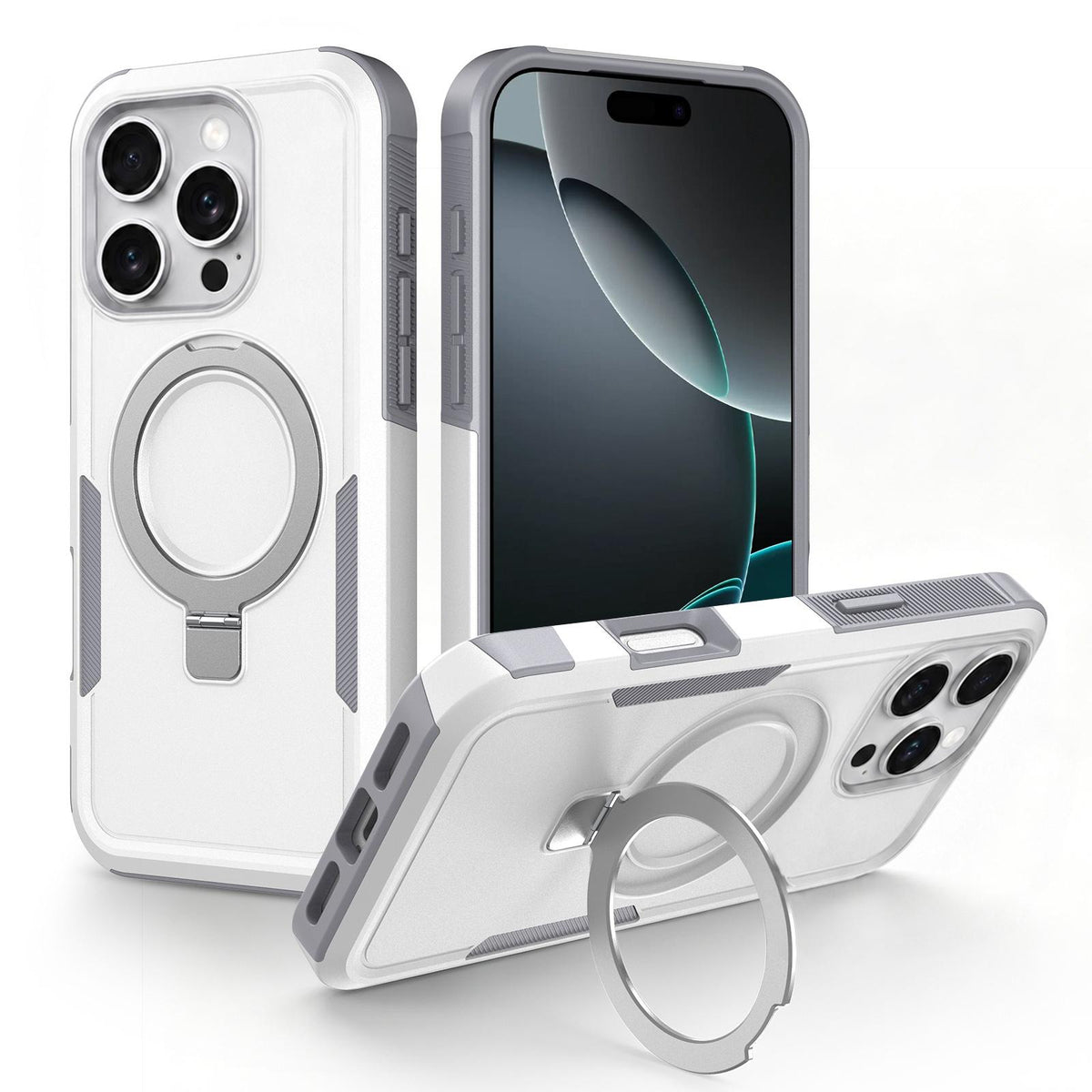 For iPhone 16 Pro Shockproof Protective TPU Hybrid PC Ring Holder Magnetic Phone Case - White - EDA010211802B