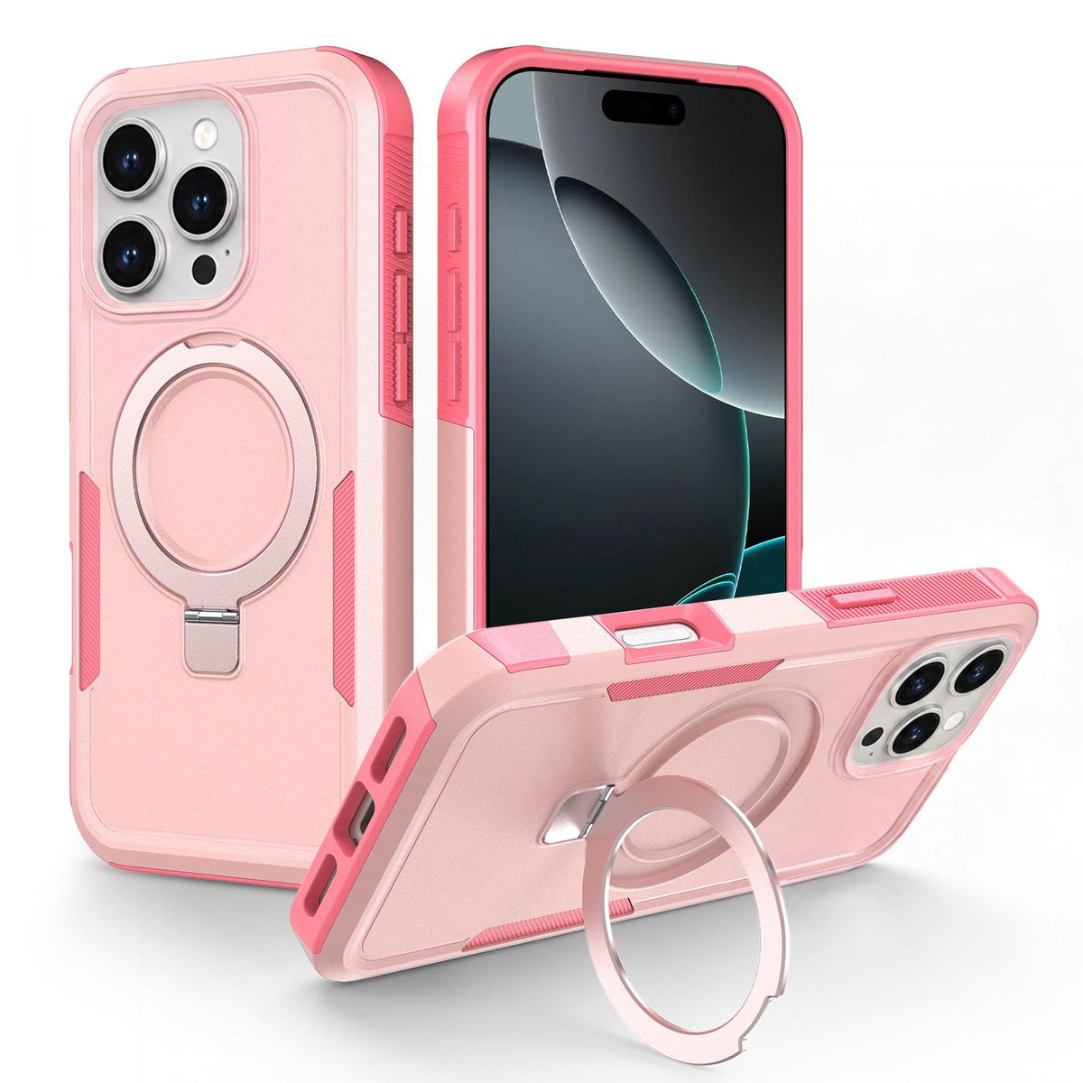 For iPhone 16 Pro Shockproof Protective TPU Hybrid PC Ring Holder Magnetic Phone Case - Pink - EDA010211802C