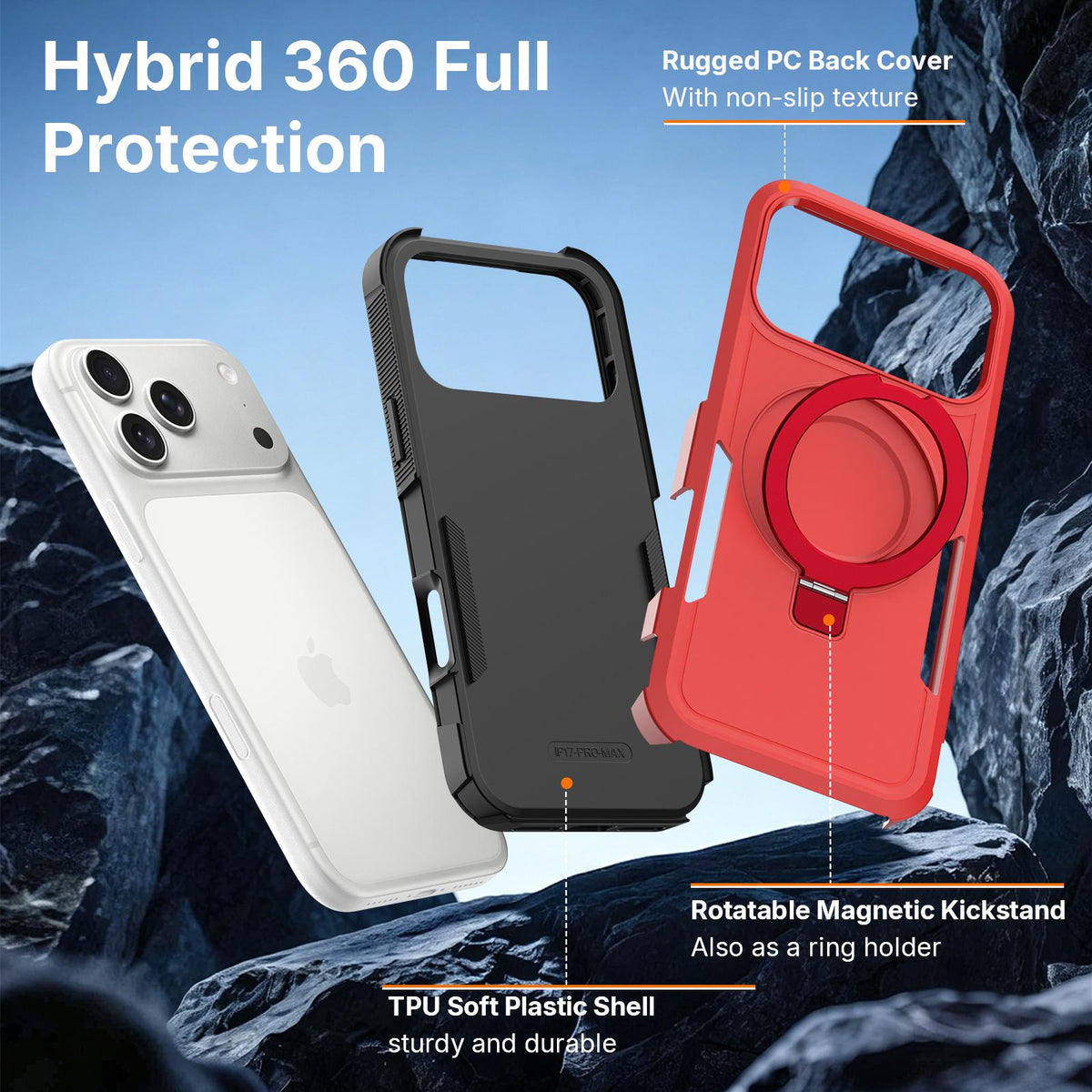 For iPhone 16 Pro Shockproof Protective TPU Hybrid PC Ring Holder Magnetic Phone Case - Red - EDA010211802E