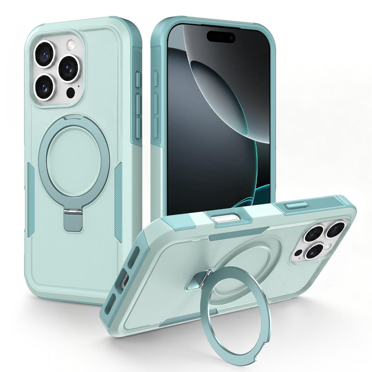 For iPhone 16 Pro Shockproof Protective TPU Hybrid PC Ring Holder Magnetic Phone Case - Cyan - EDA010211802F