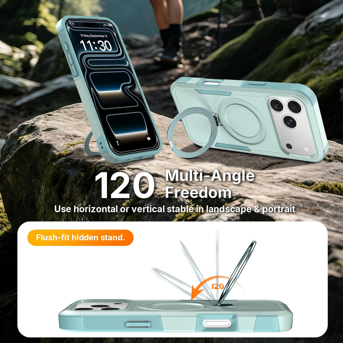 For iPhone 16 Pro Shockproof Protective TPU Hybrid PC Ring Holder Magnetic Phone Case - Cyan - EDA010211802F