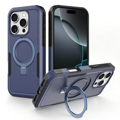 For iPhone 16 Pro Shockproof Protective TPU Hybrid PC Ring Holder Magnetic Phone Case - Blue - EDA010211802G