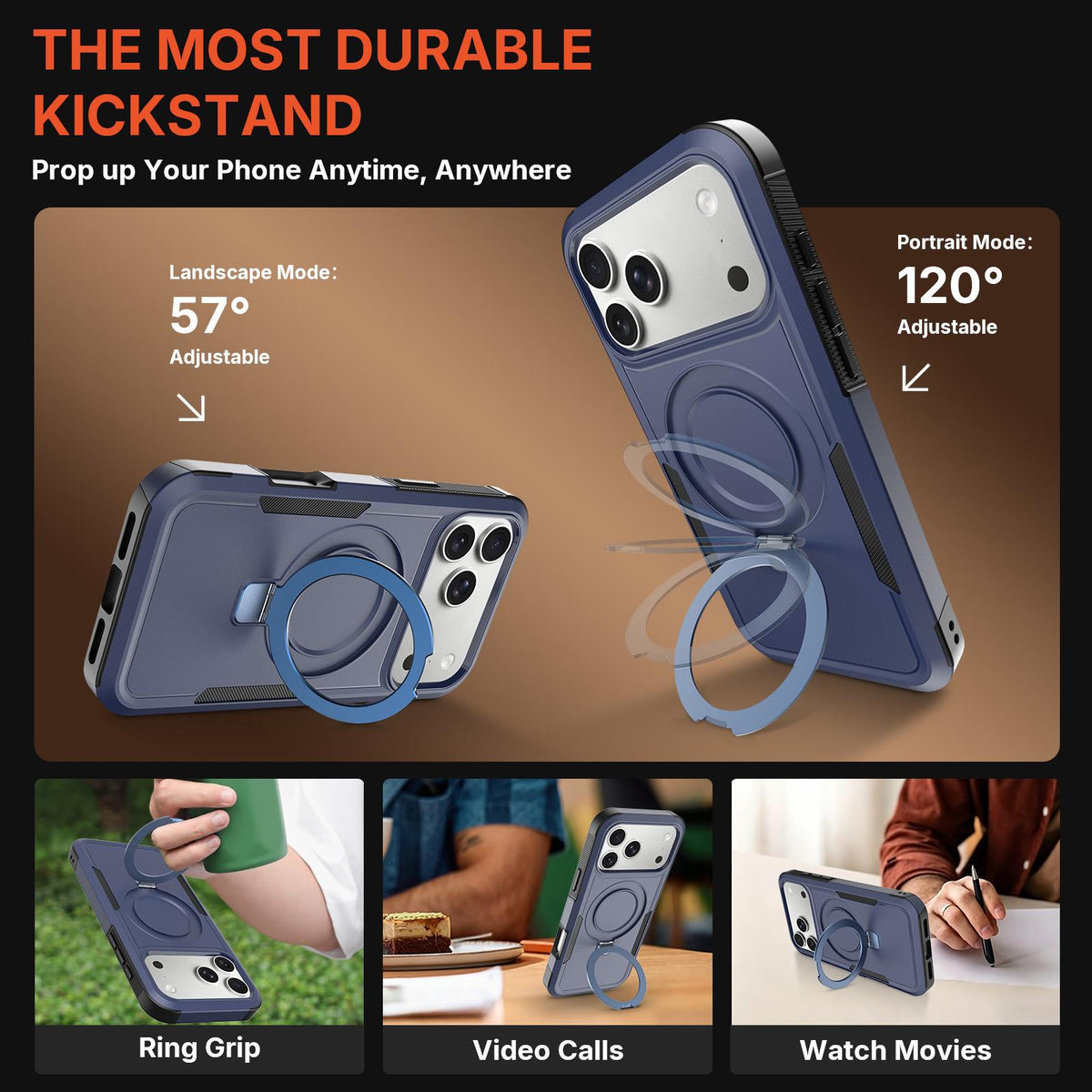 For iPhone 16 Pro Shockproof Protective TPU Hybrid PC Ring Holder Magnetic Phone Case - Blue - EDA010211802G