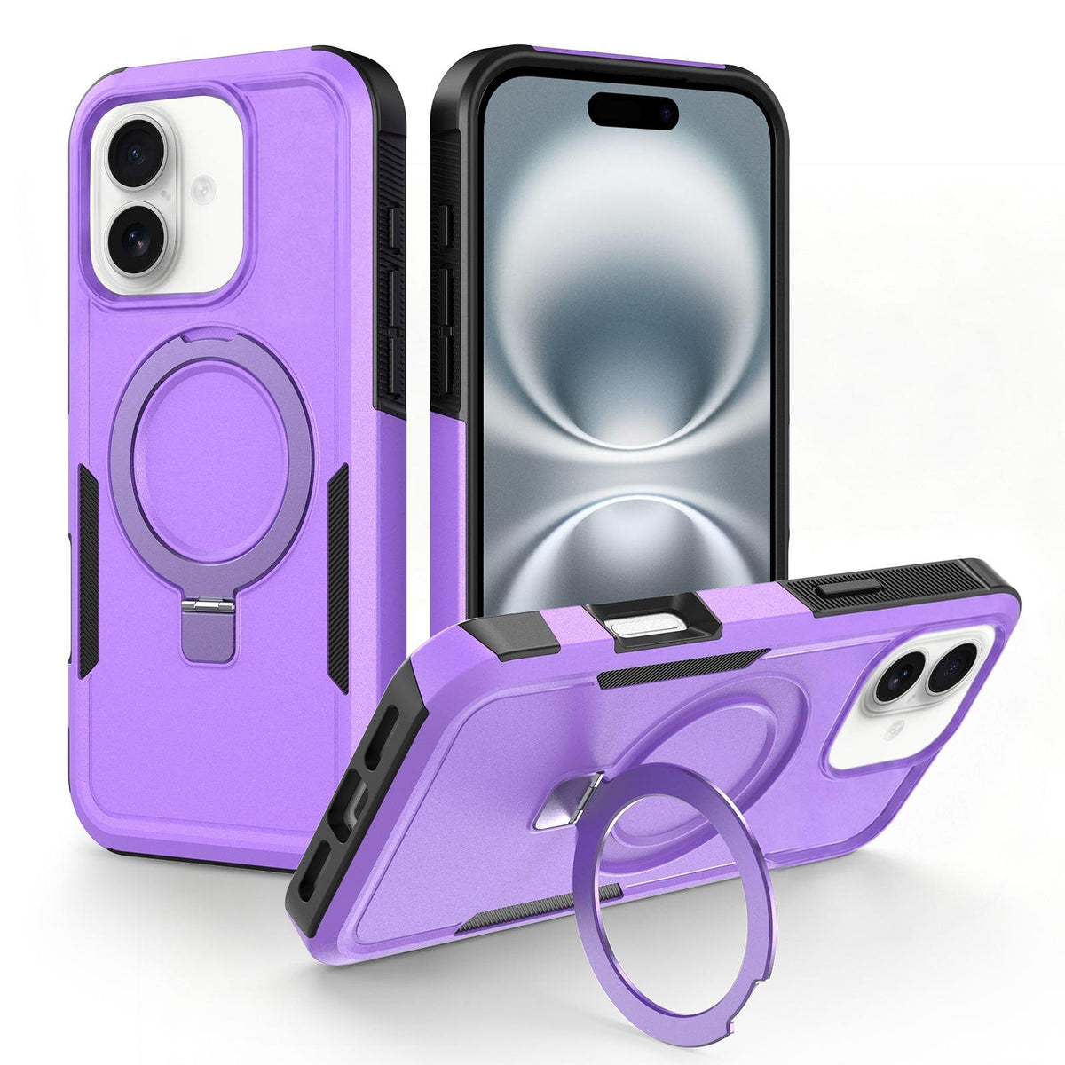 For iPhone 16 Plus Shockproof Protective TPU Hybrid PC Ring Holder Magnetic Phone Case - Purple - EDA010211803A