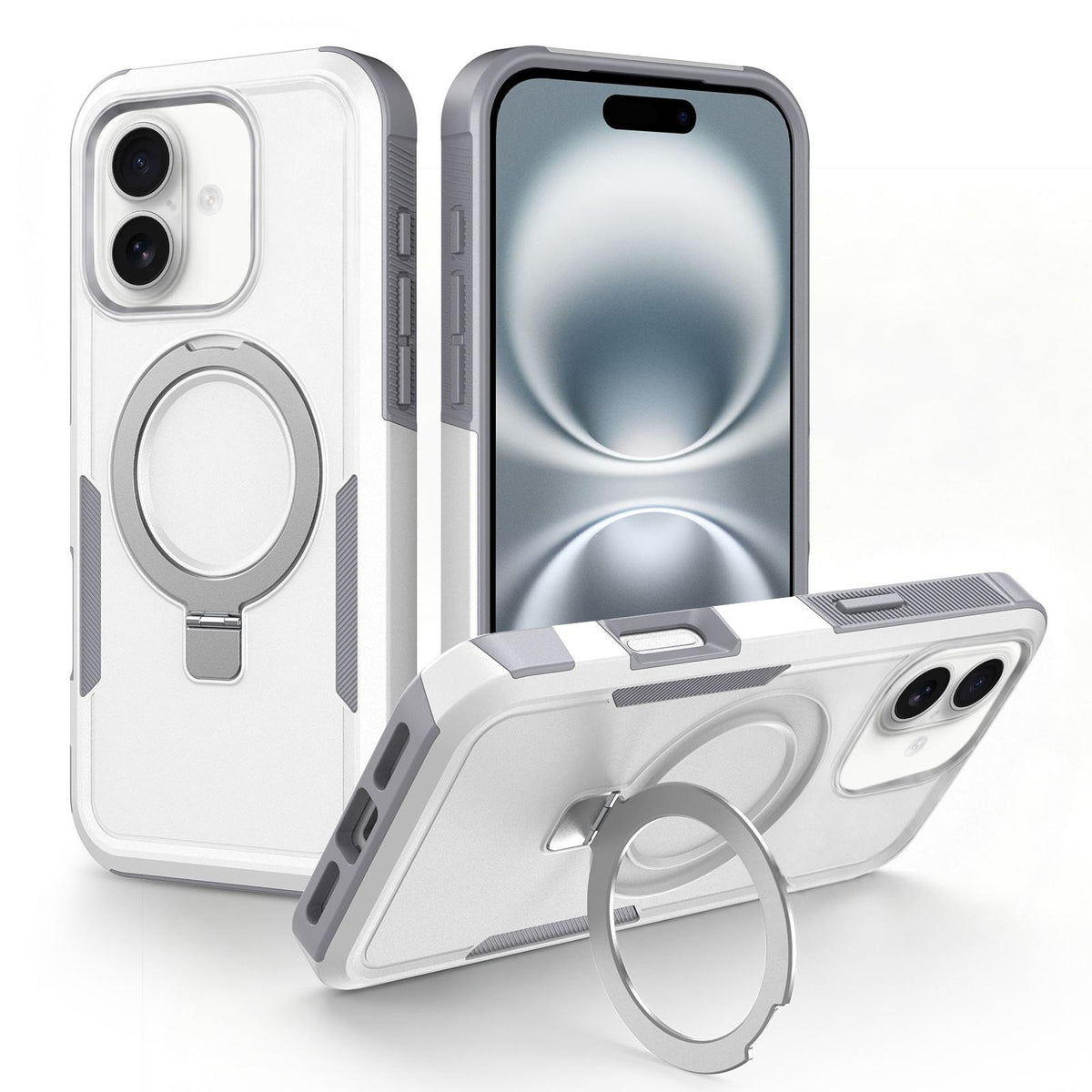 For iPhone 16 Plus Shockproof Protective TPU Hybrid PC Ring Holder Magnetic Phone Case - White - EDA010211803B