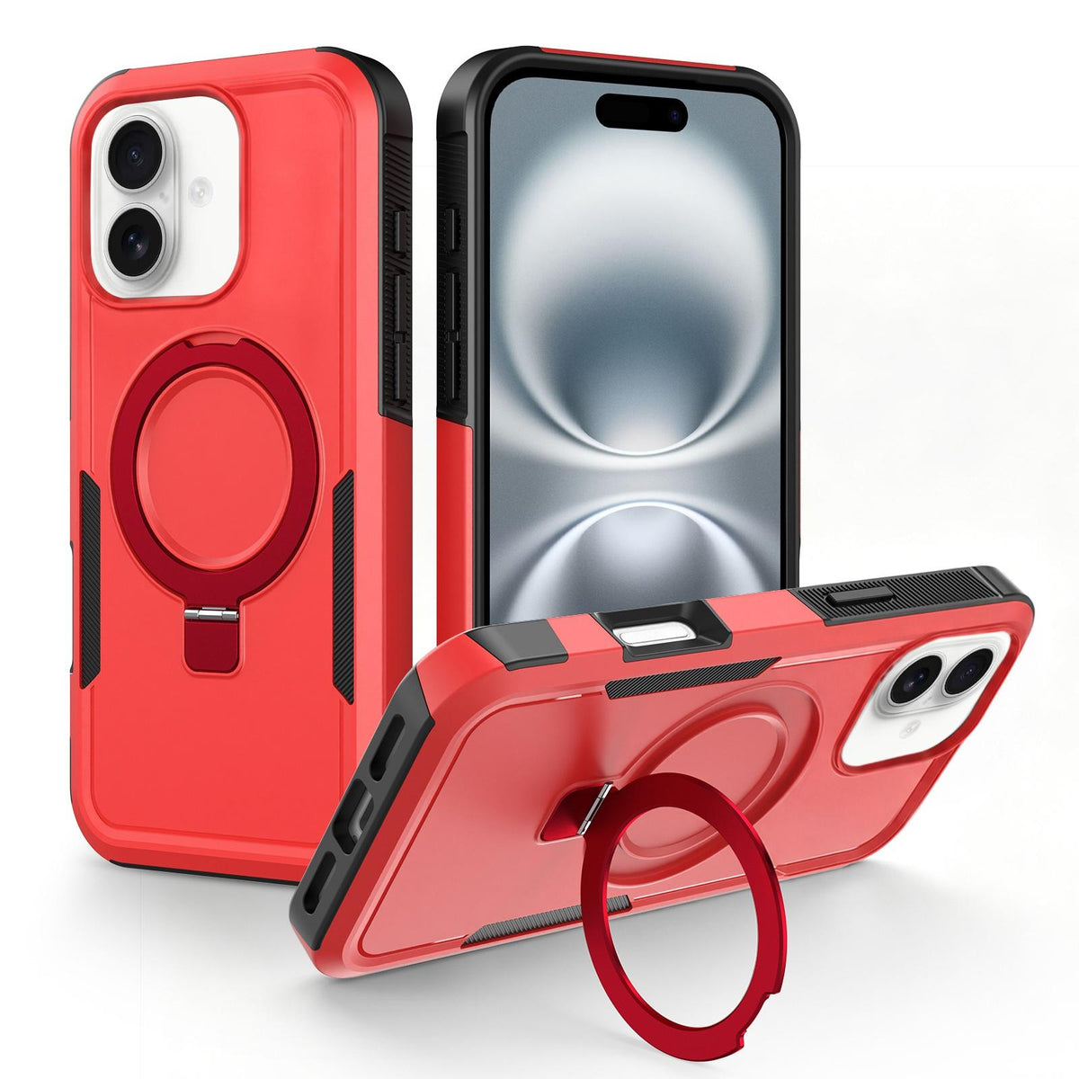 For iPhone 16 Plus Shockproof Protective TPU Hybrid PC Ring Holder Magnetic Phone Case - Red - EDA010211803E