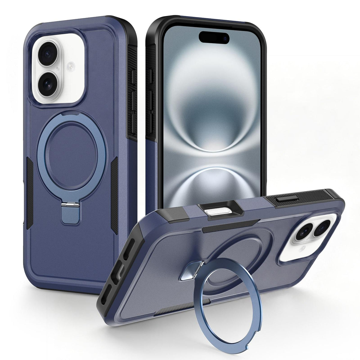 For iPhone 16 Plus Shockproof Protective TPU Hybrid PC Ring Holder Magnetic Phone Case - Blue - EDA010211803G