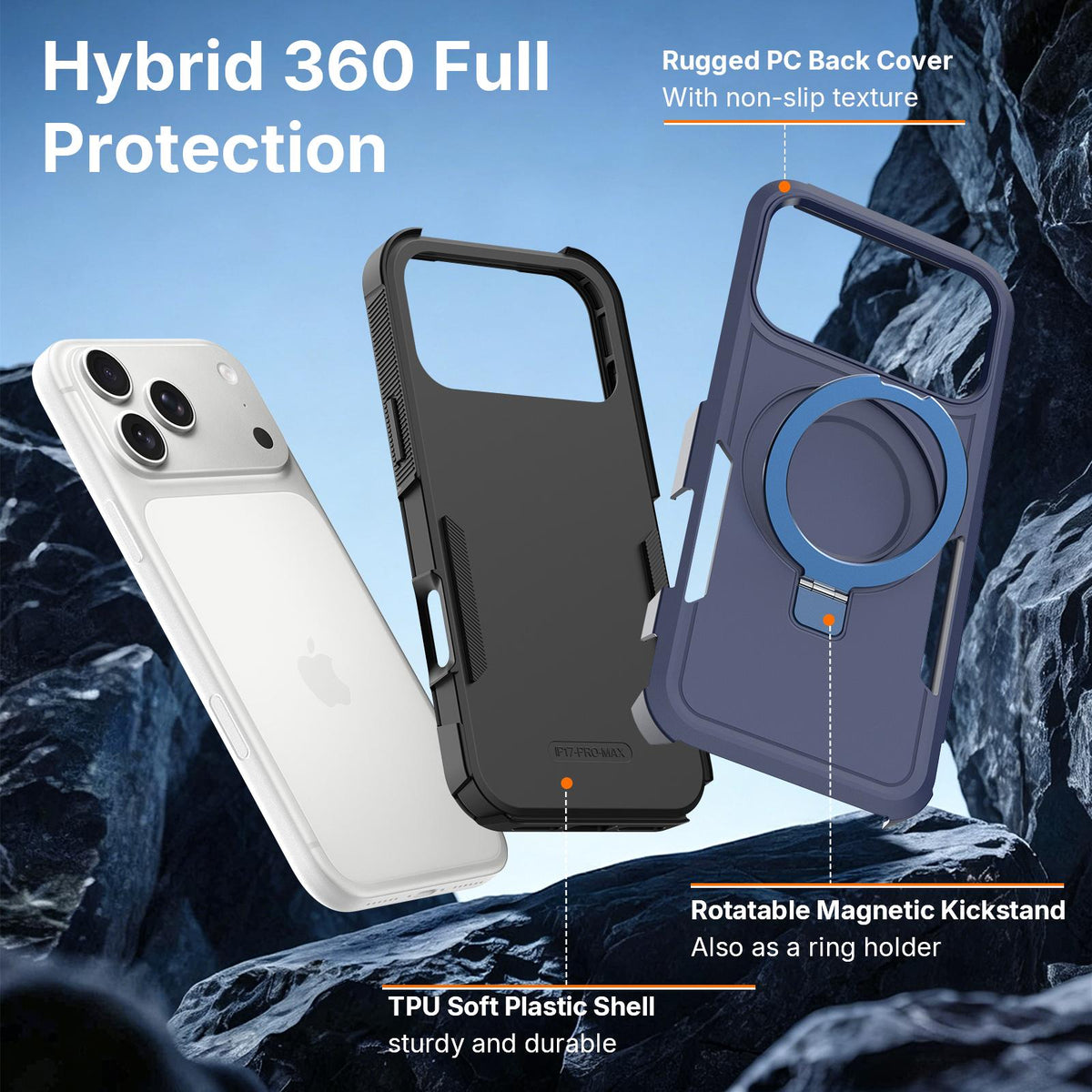 For iPhone 16 Plus Shockproof Protective TPU Hybrid PC Ring Holder Magnetic Phone Case - Blue - EDA010211803G
