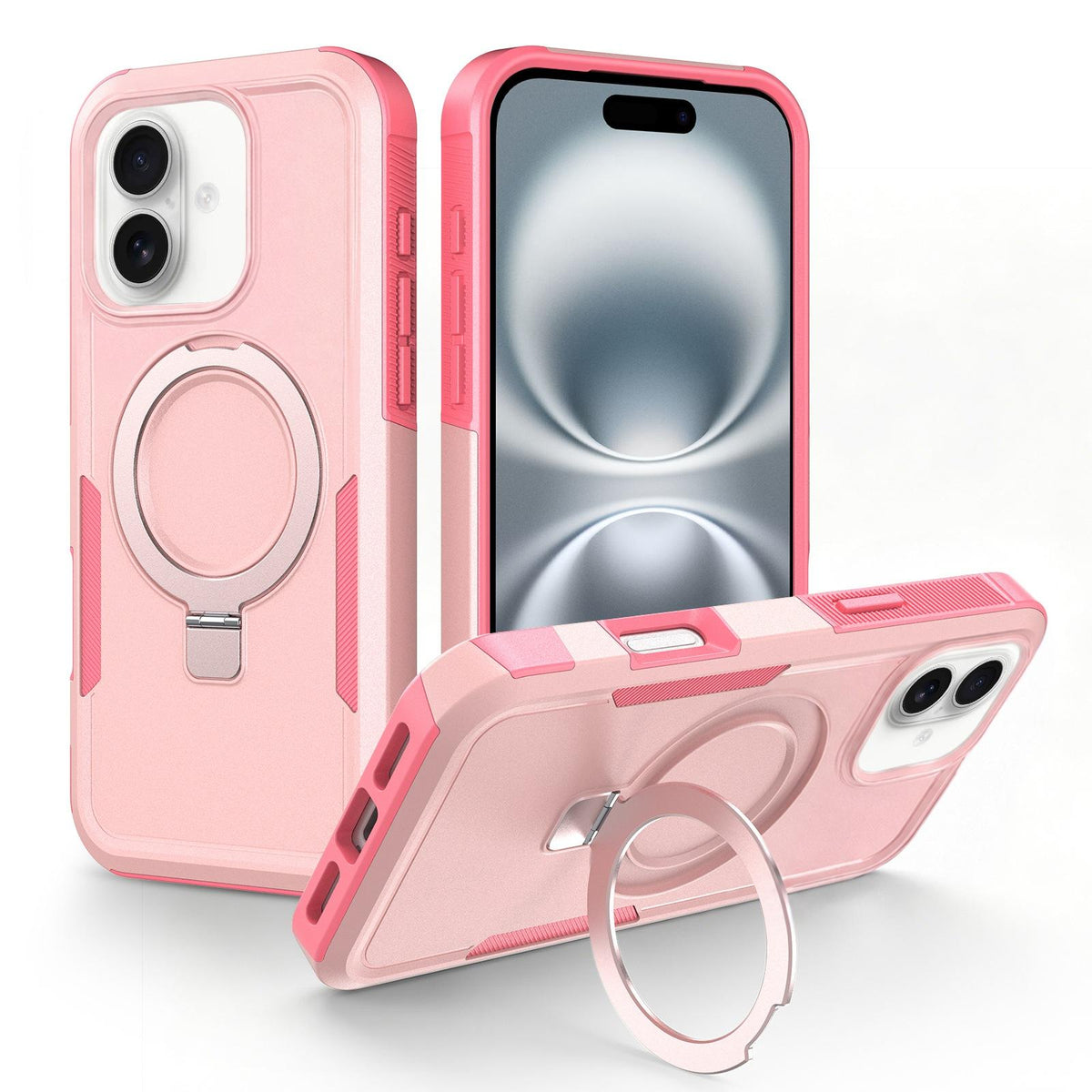 For iPhone 16 Shockproof Protective TPU Hybrid PC Ring Holder Magnetic Phone Case - Pink - EDA010211804C