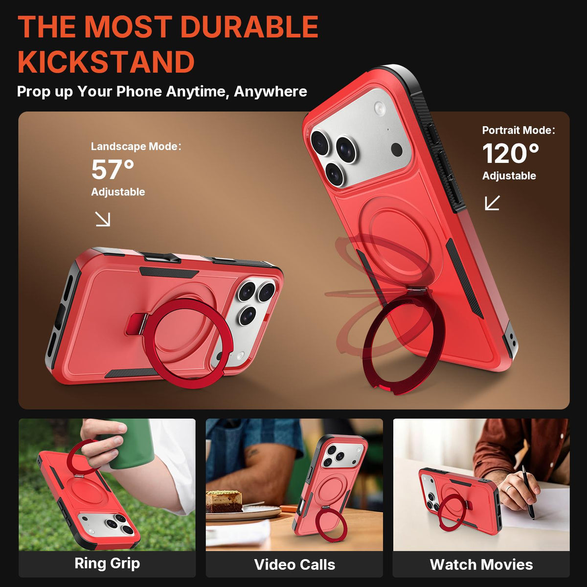 For iPhone 16 Shockproof Protective TPU Hybrid PC Ring Holder Magnetic Phone Case - Red - EDA010211804E