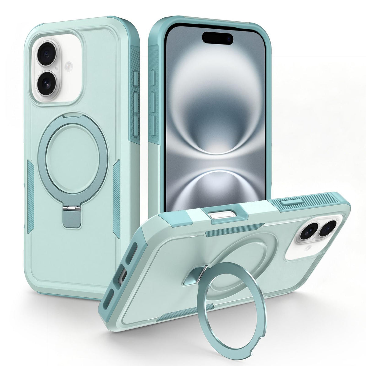 For iPhone 16 Shockproof Protective TPU Hybrid PC Ring Holder Magnetic Phone Case - Cyan - EDA010211804F