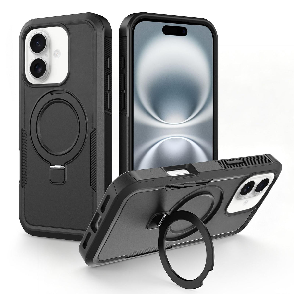 For iPhone 16 Shockproof Protective TPU Hybrid PC Ring Holder Magnetic Phone Case - Black - EDA010211804H