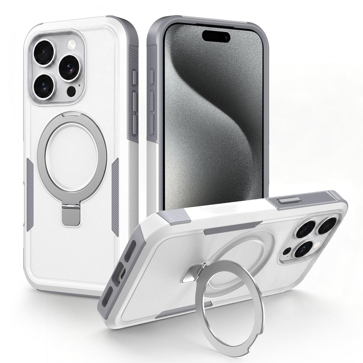 For iPhone 15 Pro Max Shockproof Protective TPU Hybrid PC Ring Holder Magnetic Phone Case - White - EDA010211805B