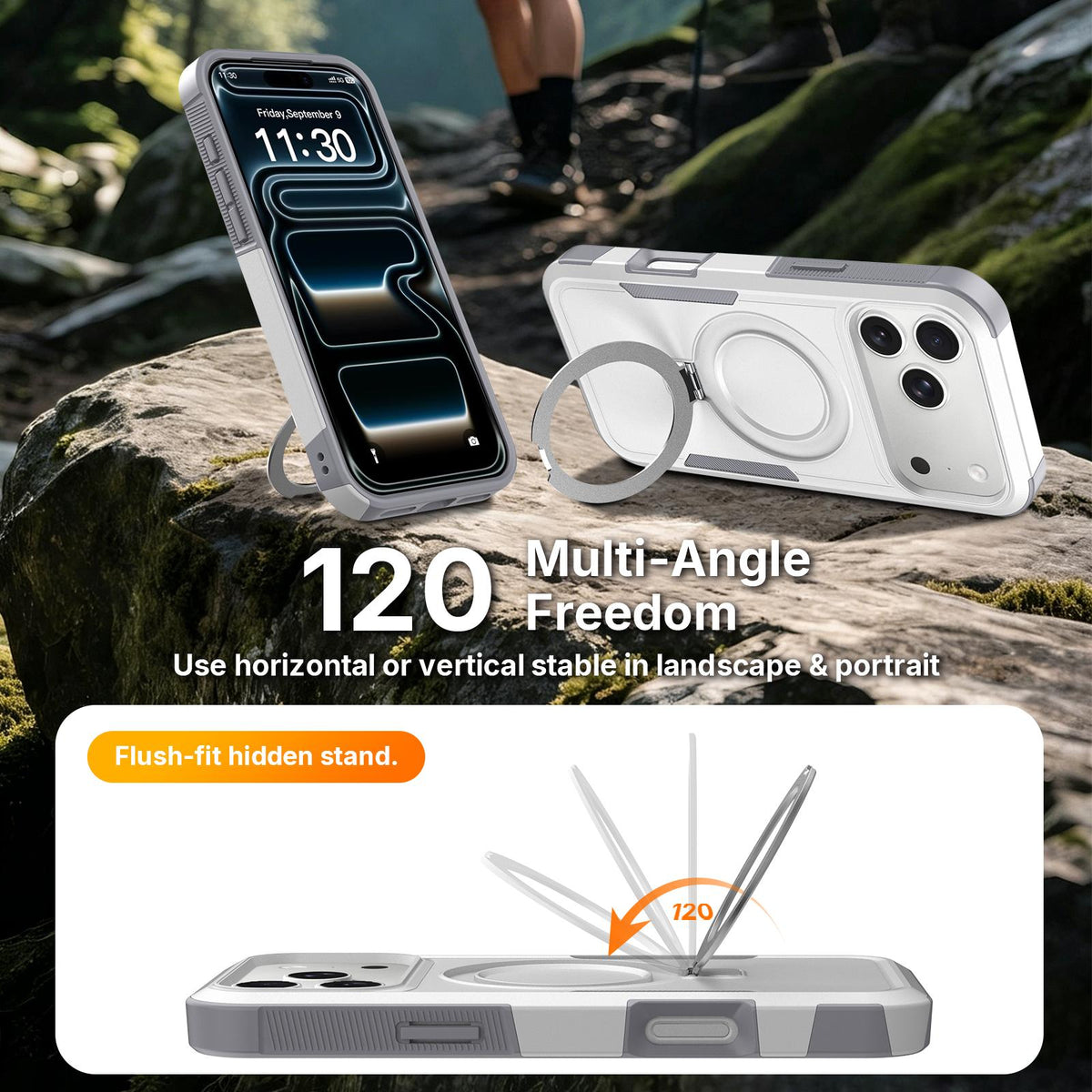 For iPhone 15 Pro Max Shockproof Protective TPU Hybrid PC Ring Holder Magnetic Phone Case - White - EDA010211805B