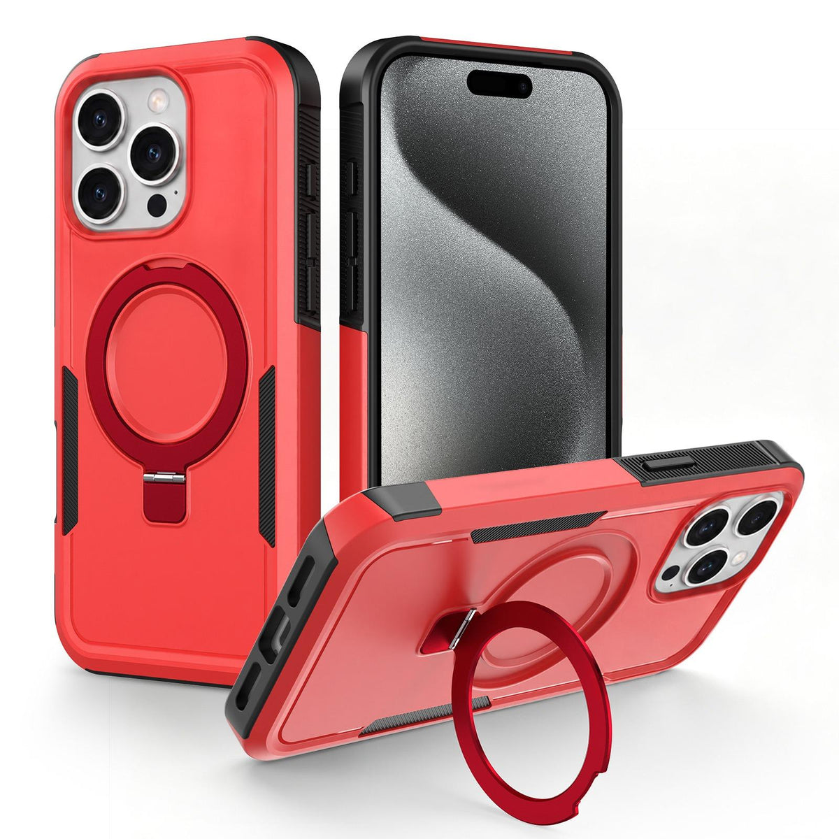 For iPhone 15 Pro Max Shockproof Protective TPU Hybrid PC Ring Holder Magnetic Phone Case - Red - EDA010211805E