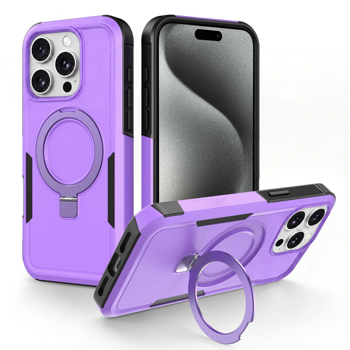 For iPhone 15 Pro Shockproof Protective TPU Hybrid PC Ring Holder Magnetic Phone Case - Purple - EDA010211806A