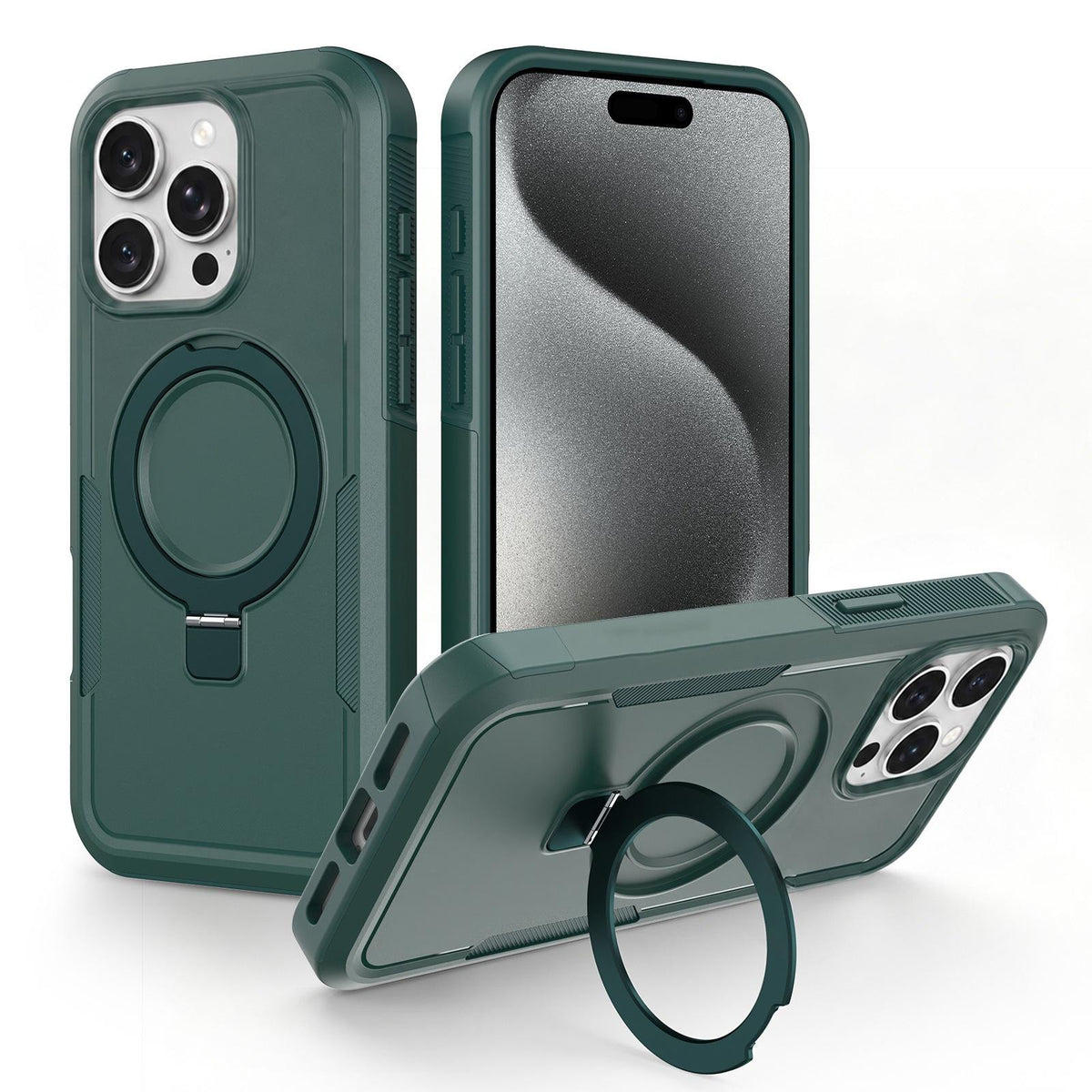 For iPhone 15 Pro Shockproof Protective TPU Hybrid PC Ring Holder Magnetic Phone Case - Green - EDA010211806D
