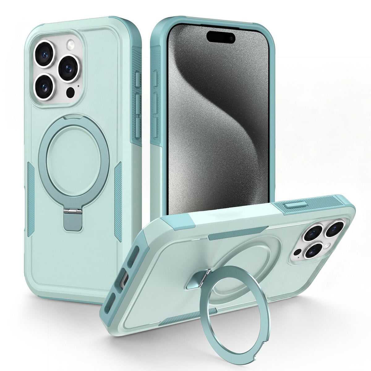 For iPhone 15 Pro Shockproof Protective TPU Hybrid PC Ring Holder Magnetic Phone Case - Cyan - EDA010211806F