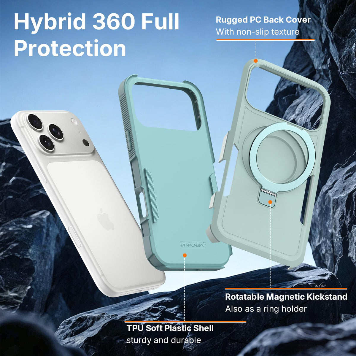 For iPhone 15 Pro Shockproof Protective TPU Hybrid PC Ring Holder Magnetic Phone Case - Cyan - EDA010211806F