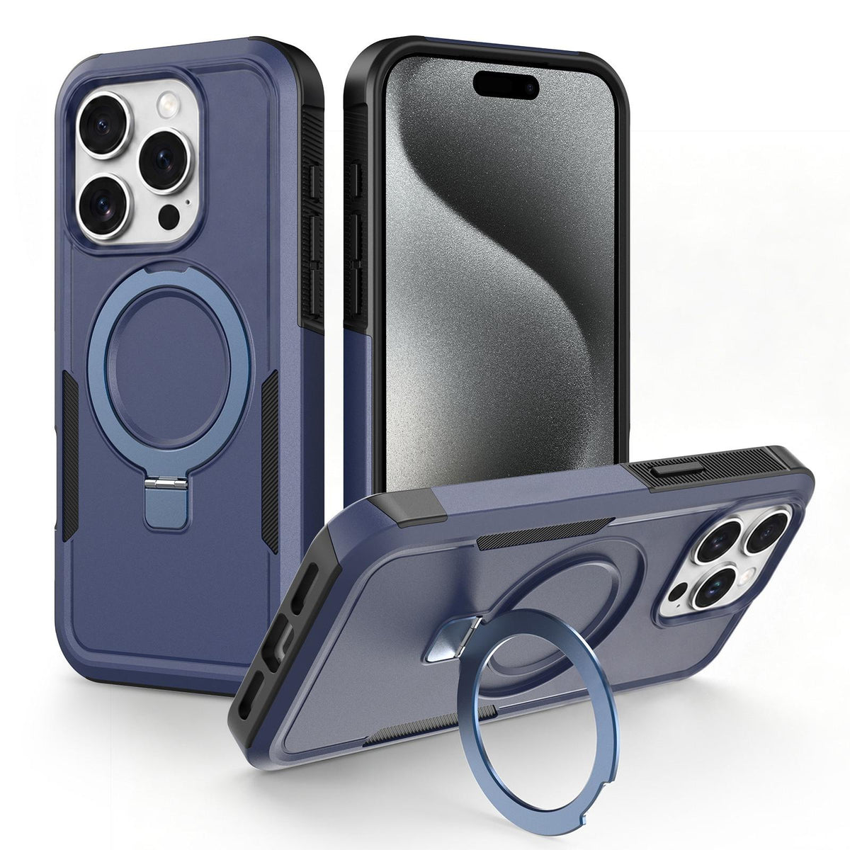 For iPhone 15 Pro Shockproof Protective TPU Hybrid PC Ring Holder Magnetic Phone Case - Blue - EDA010211806G