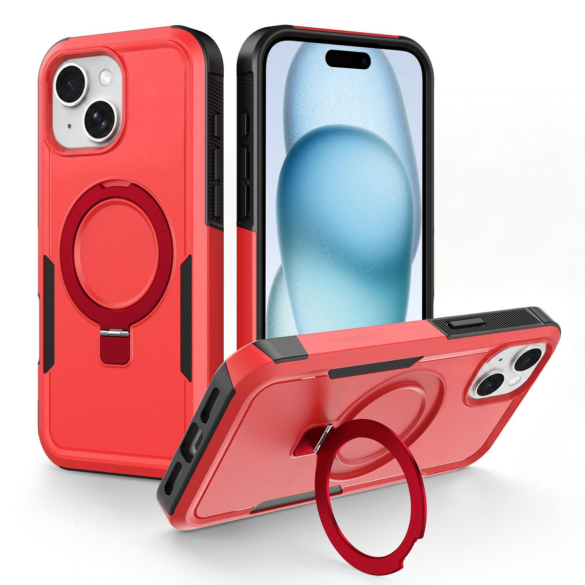 For iPhone 15 Plus Shockproof Protective TPU Hybrid PC Ring Holder Magnetic Phone Case - Red - EDA010211807E